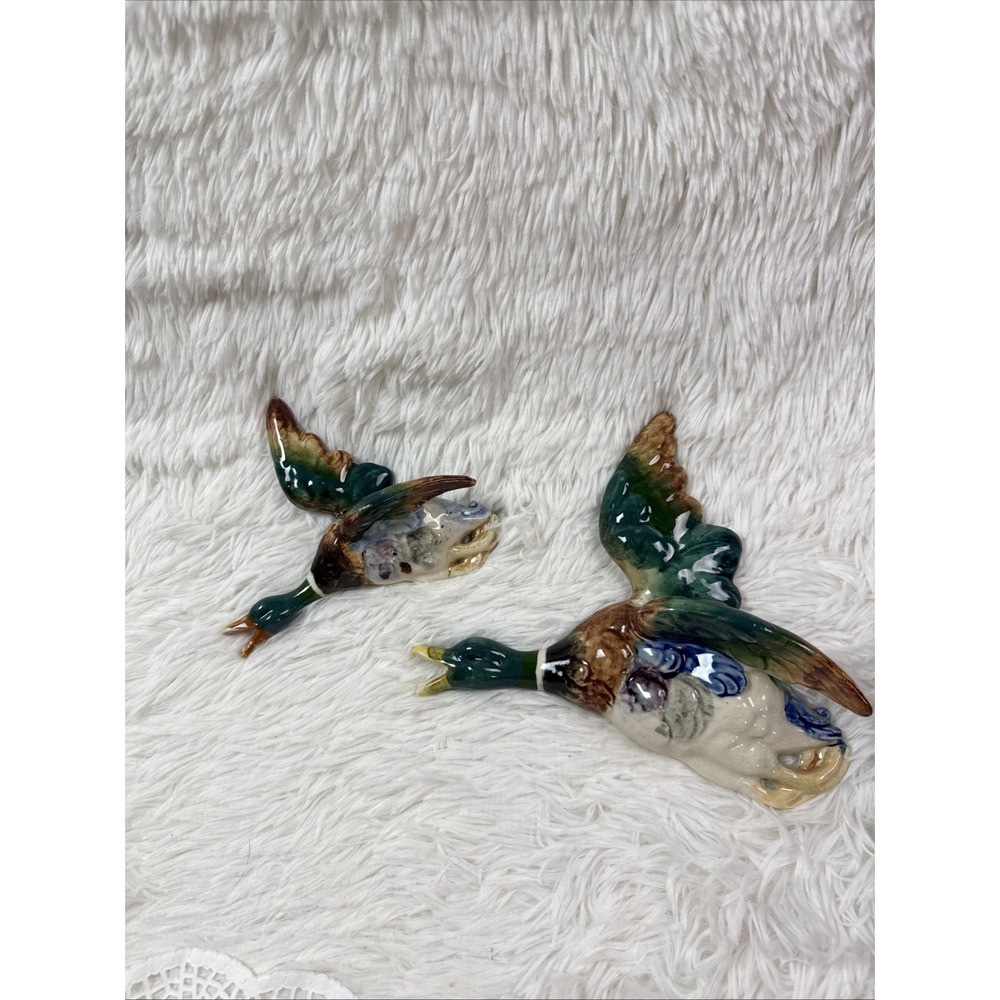 Vintage Japan Mallard Duck Wall Pocket Vases Pair 7" 9" Ceramic Flying Birds